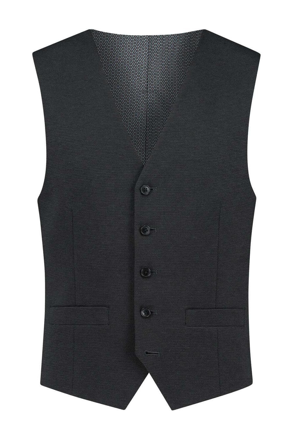 Gilet stretch zwart, V-hals gilet met knopen en twee zakken, stijlvolle formal wear.