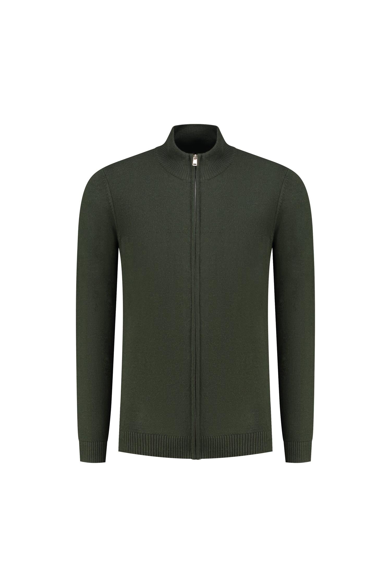 Joseph knit cardigan Donkerbruin in groen met volledige ritssluiting en lange mouwen.