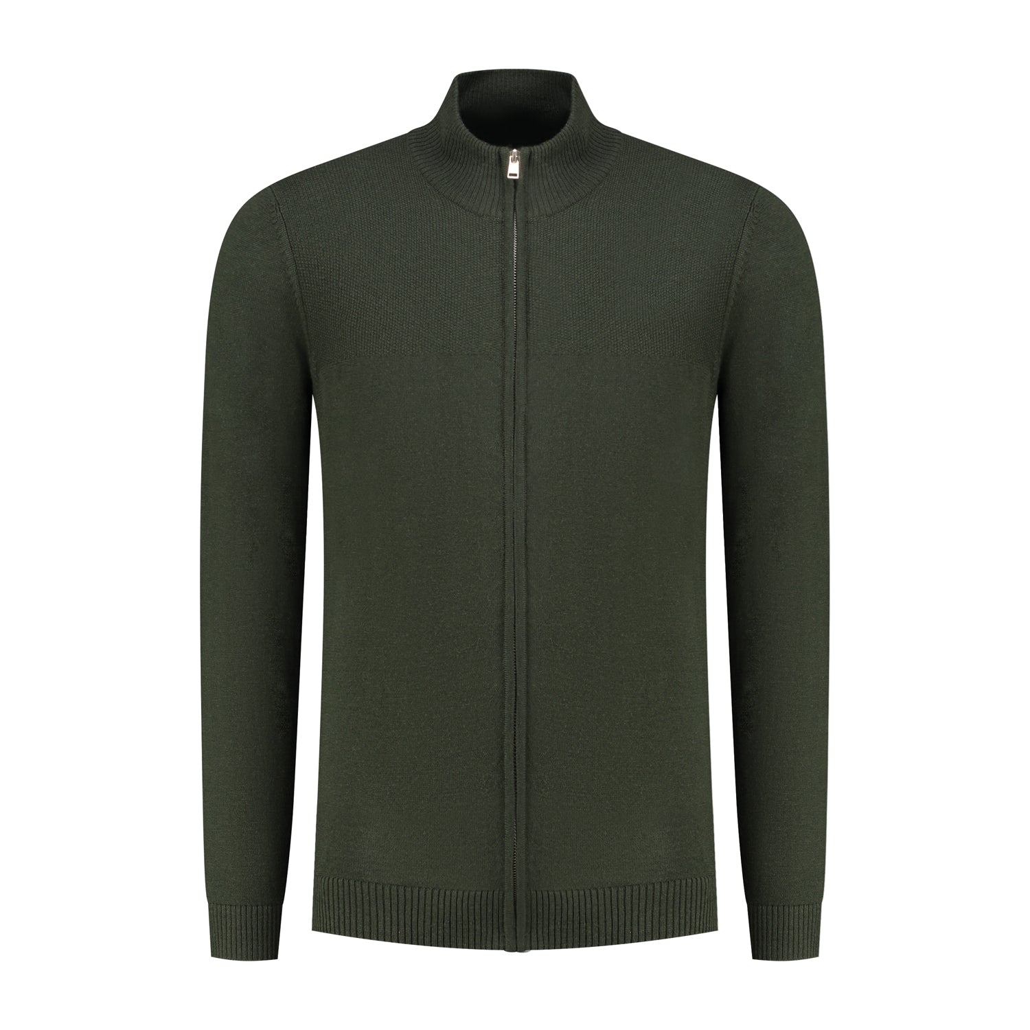 Joseph knit cardigan Donkerbruin - groene cardigan met volledige ritssluiting, gemaakt van wol-acryl voor warmte.
