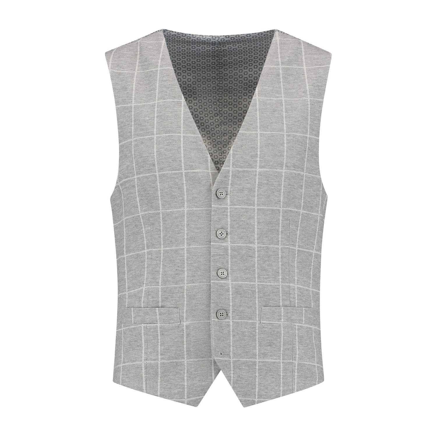 Gilet windowpane grijs, slank model met V-hals en grijze ruitjes, perfect voor een chique look.