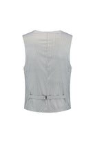 Gilet windowpane grijs, slank gilet met V-hals en grijze windowpane print, achteraanzicht.