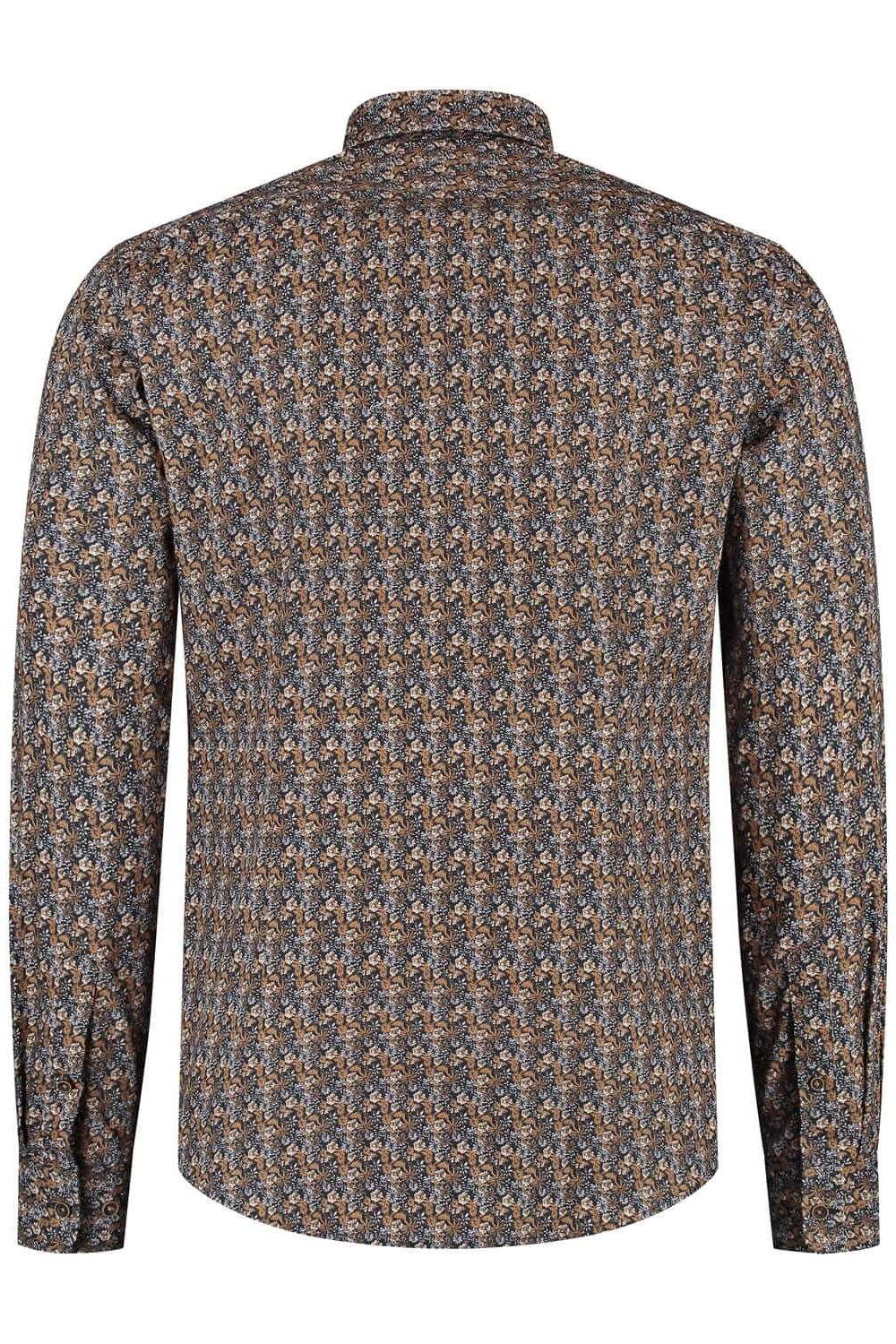 Bloemprint navy-bruin ML7 achteraanzicht van katoenen blouse met bloemprint en lange mouwen.