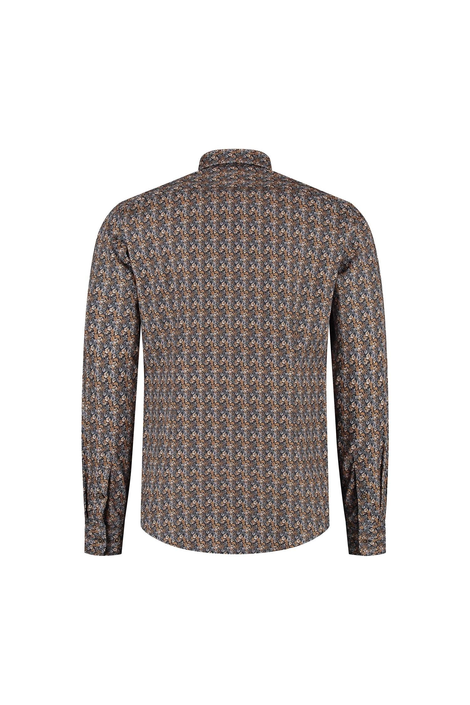 A back view of a Bloemprint navy-bruin ML7 cotton blouse with a floral pattern and button closure.