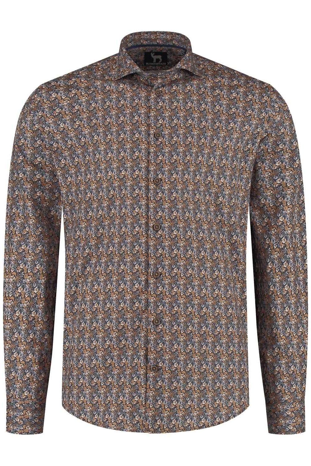 Bloemprint navy-bruin ML7 katoenen blouse met knoopsluiting en manchetten.