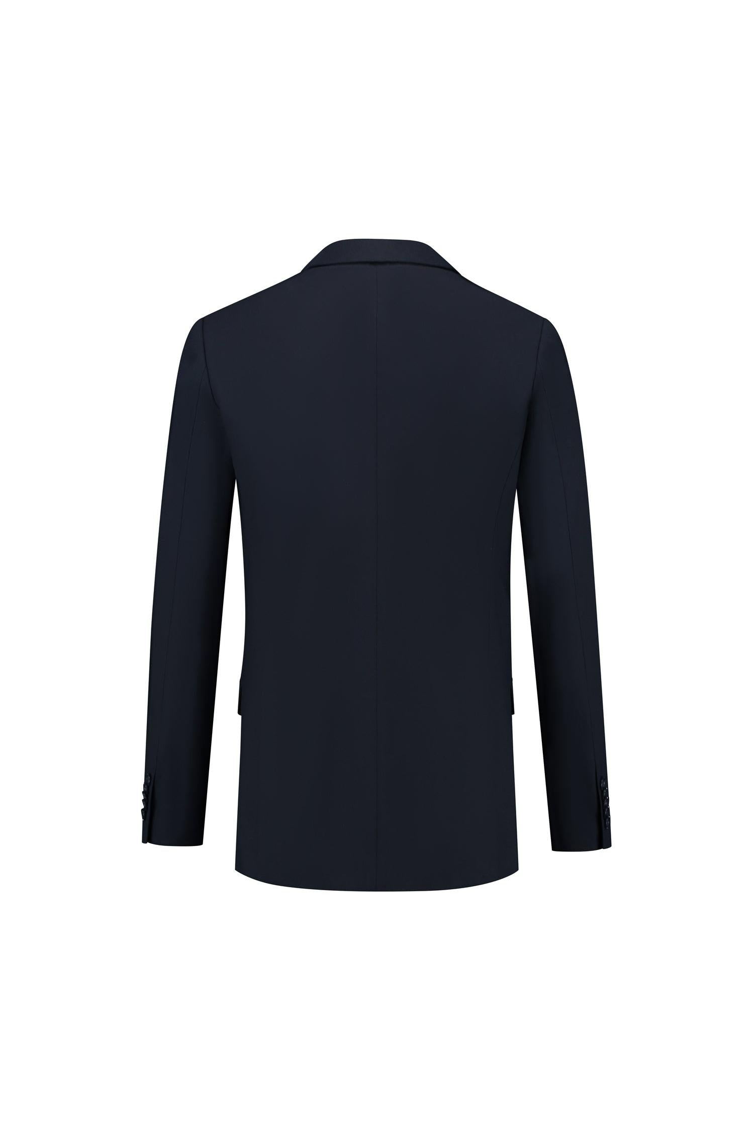 Colbert comfort stretch blauw MixMatch, achteraanzicht van een diepblauwe stretch colbert met twee knopen.