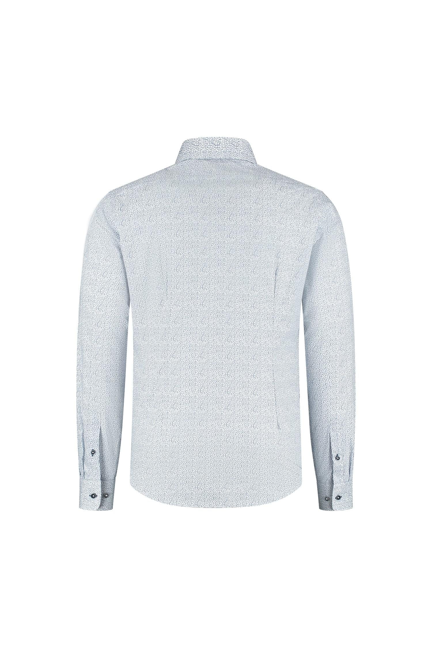 Overhemd Bloemprint blauw-wit, comfortabel katoenen overhemd met blauw-witte bloemprint, achterkant zichtbaar.