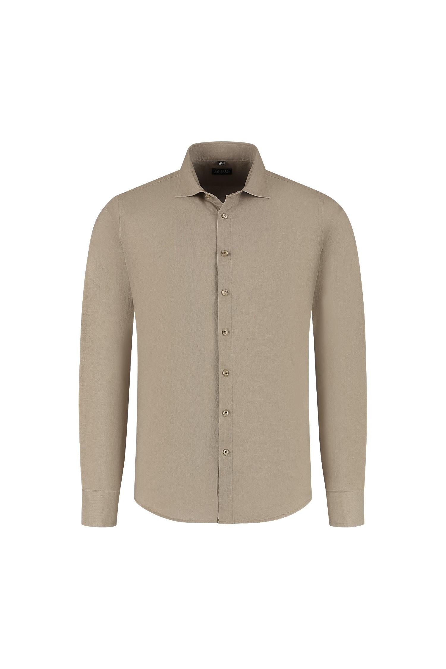 Overhemd linnen-katoen taupe met klassieke kraag en knoopsluiting voor kantoor en casual gebruik.