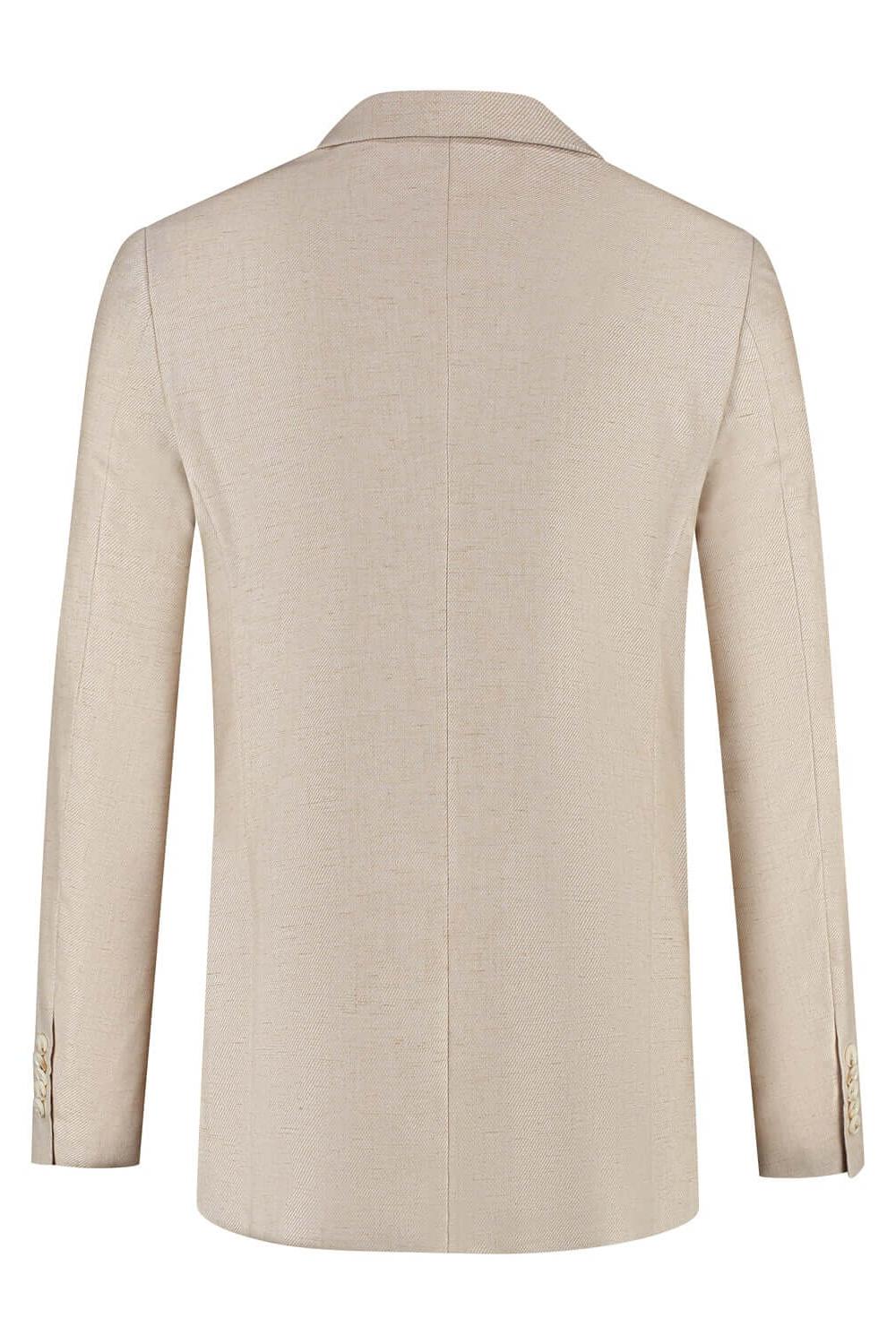 Pak linnenblend strandzand: beige linnenblend jas met nette kraag en knoopsluiting, ademend en comfortabel.