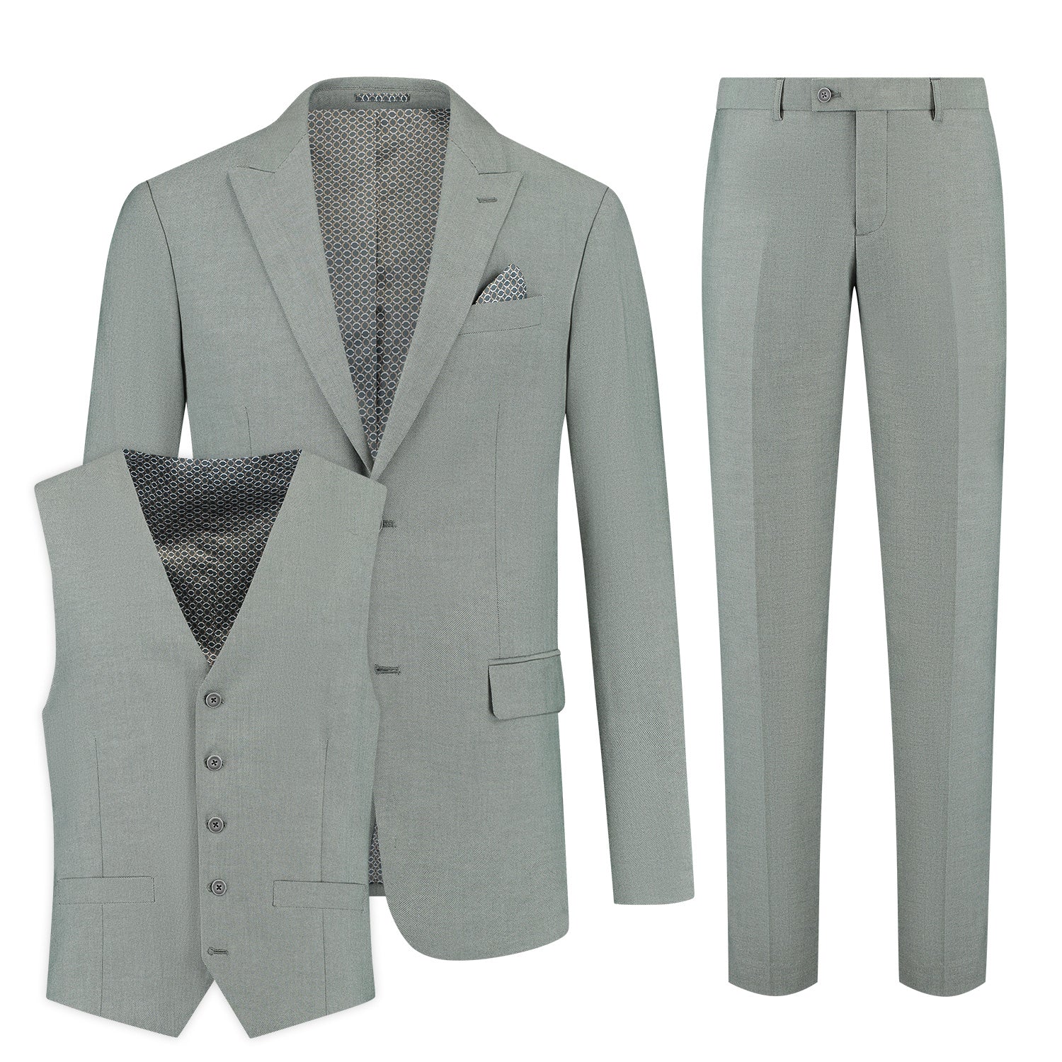 Pak 3-D blend amandelgroen, 3-delig pak bestaande uit vest, jasje en broek voor formele gelegenheden.
