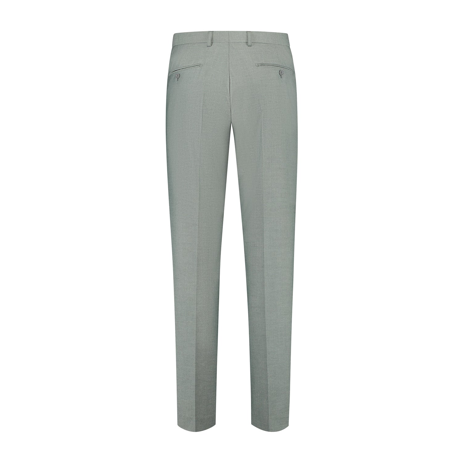 Pak 3-D blend amandelgroen, achteraanzicht van de broek, perfect voor formele gelegenheden.