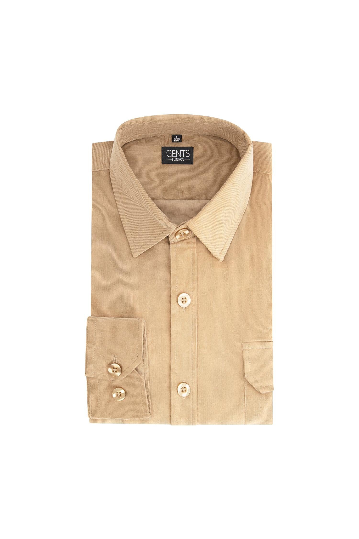 Overshirt corduroy zand in zandkleur met knoopsluiting, katoenen overshirt voor heren.