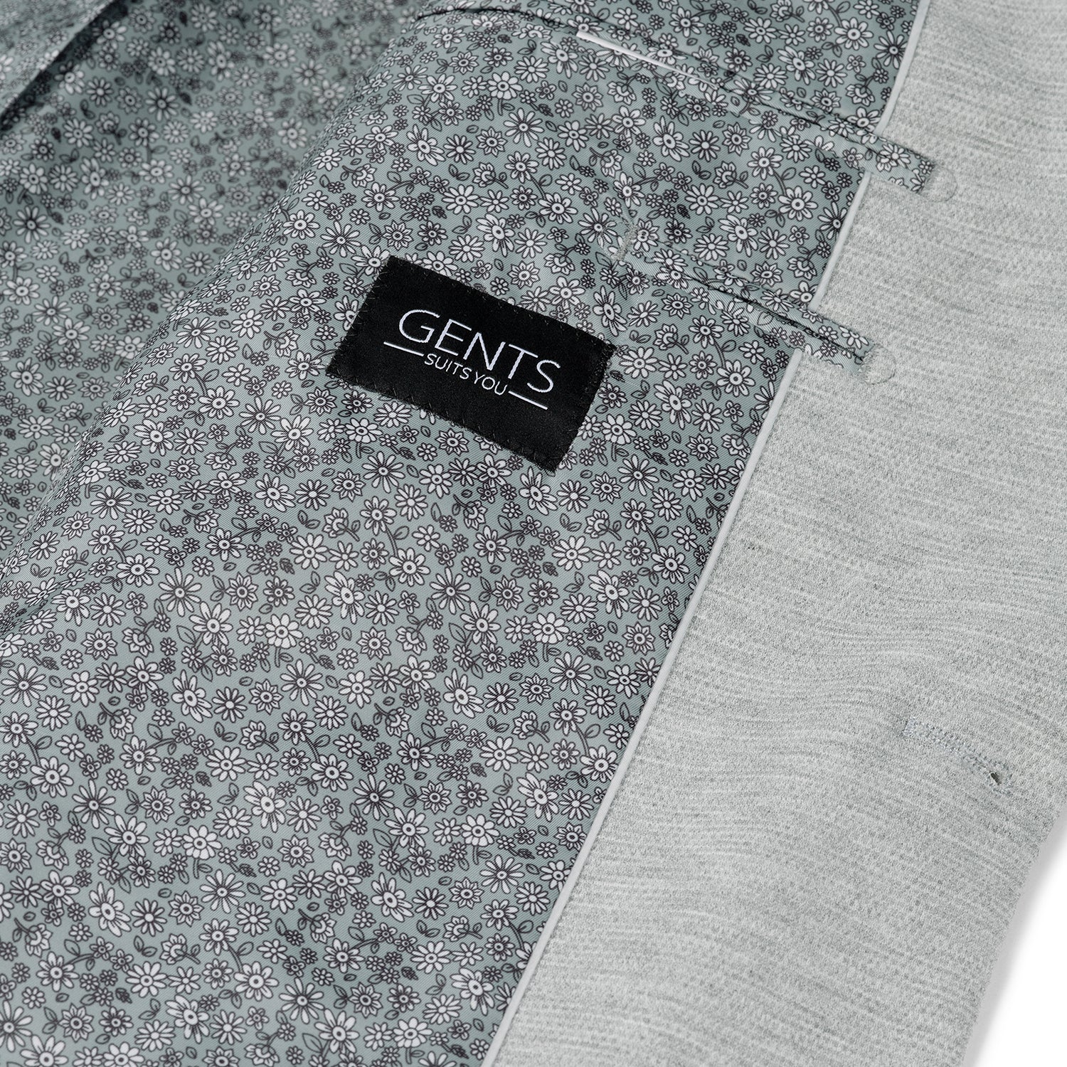 Colbert stretch pique melange grijs, binnenkant met bloemmotief en label van GENTS.