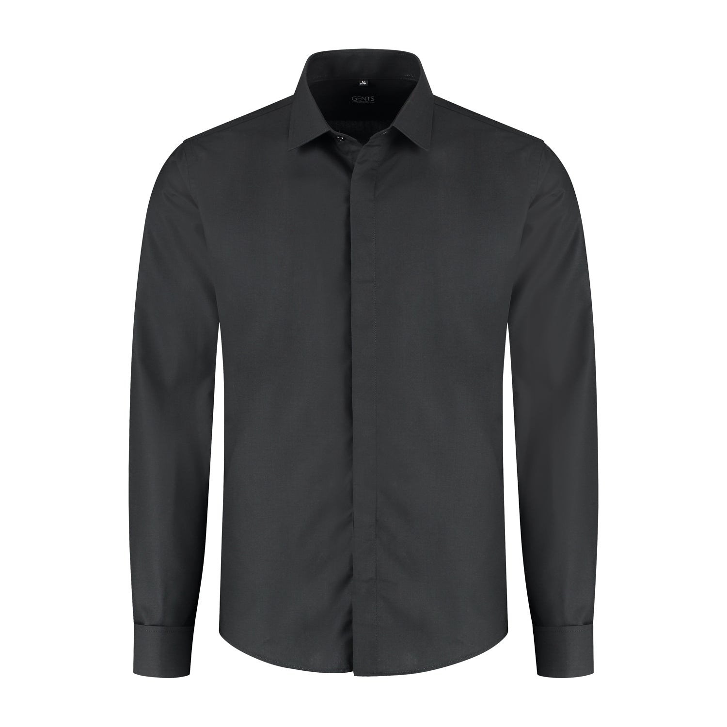 Smoking overhemd plat glad zwart met verborgen knoopsluiting en gladde afwerking, stijlvolle zwarte blouse.