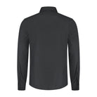 A view of the back of a Smoking overhemd plat glad zwart, featuring a sleek design and hidden button closure.