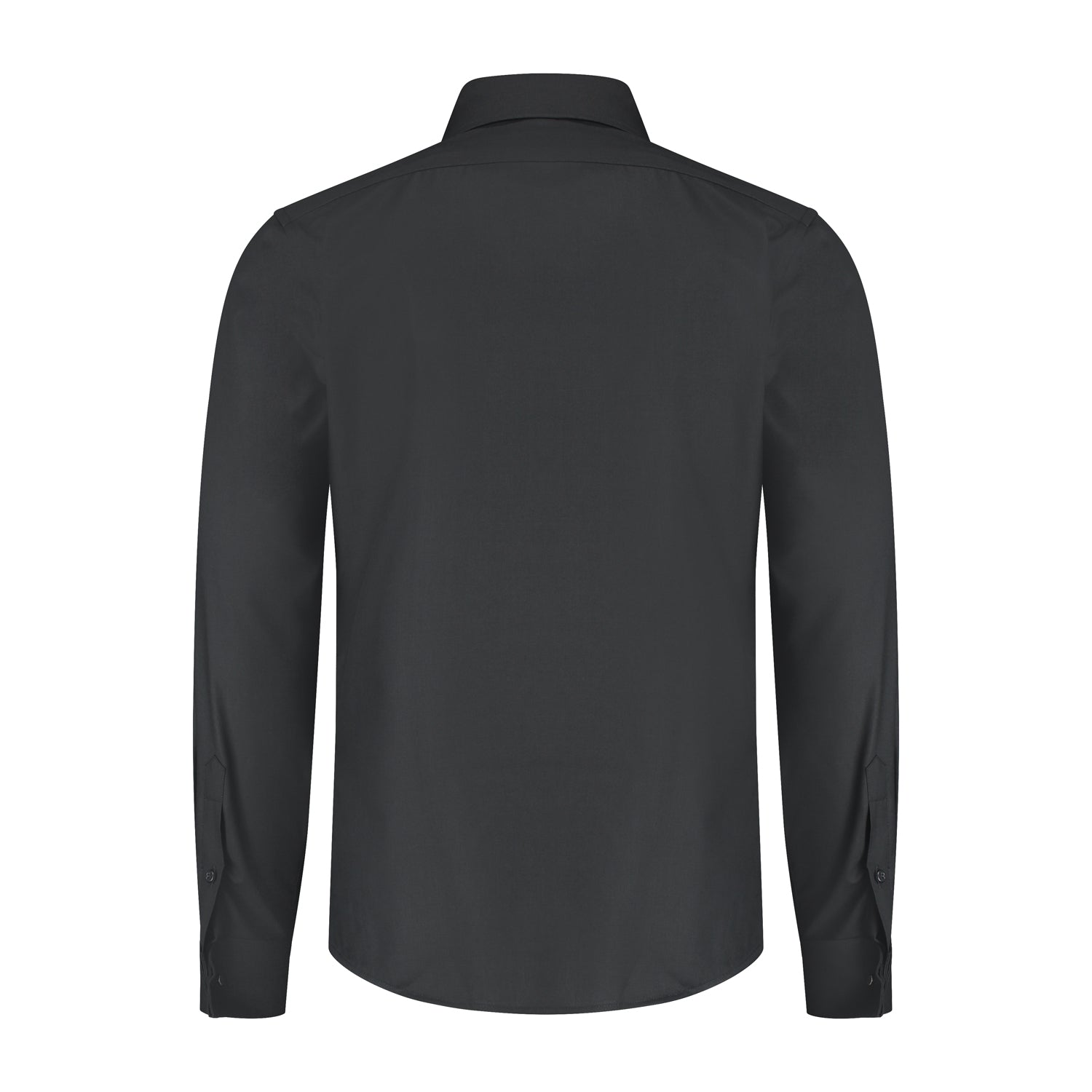 A view of the back of a Smoking overhemd plat glad zwart, featuring a sleek design and hidden button closure.