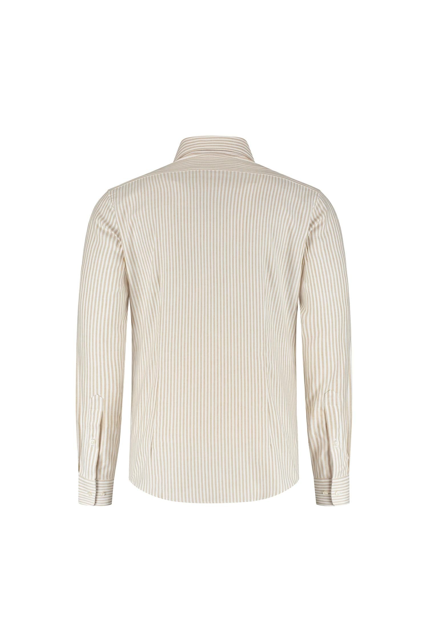Overhemd streep wit-beige, katoenen Lyocell overhemd met knoopsluiting, achteraanzicht.