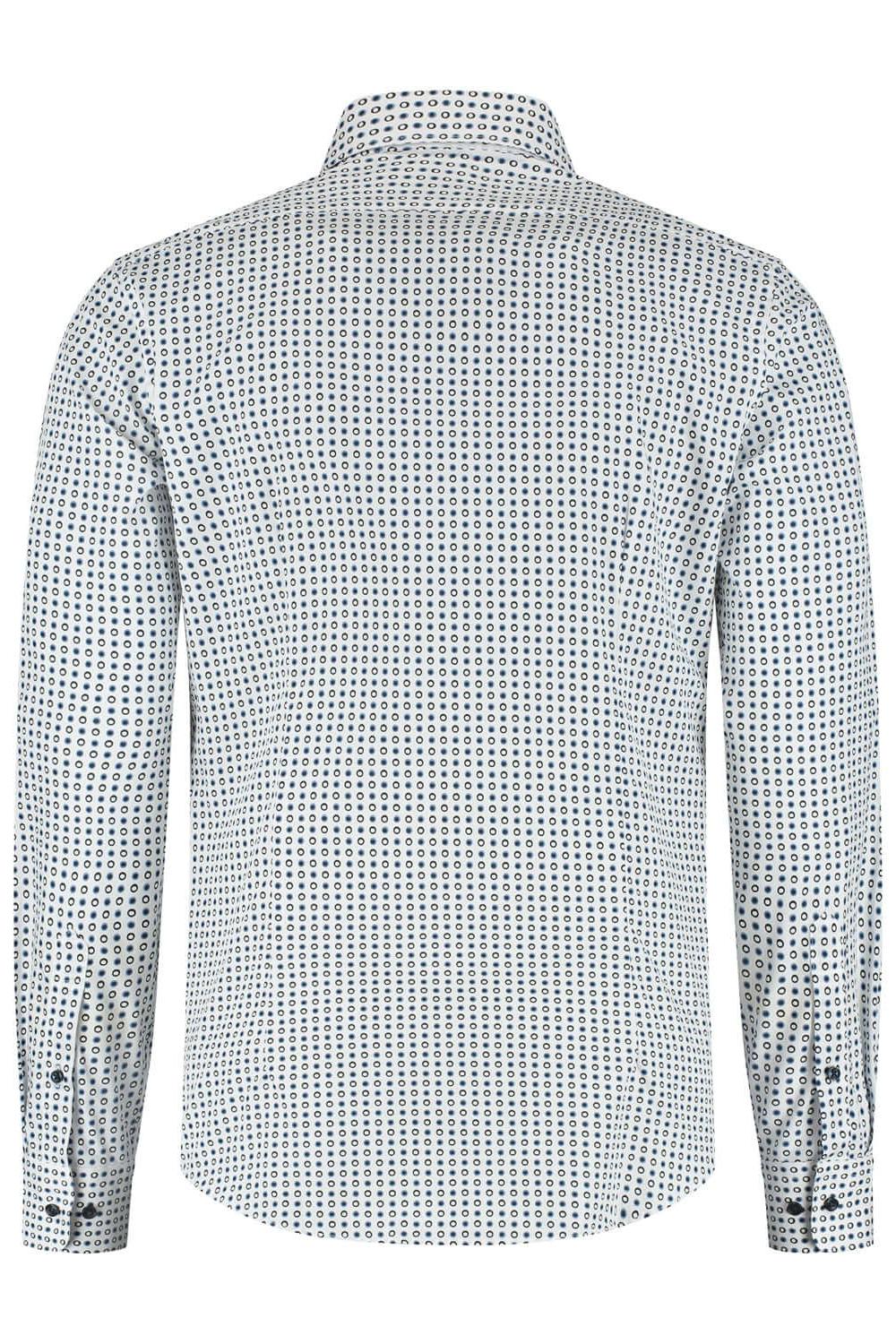 Overhemd bolletjes blauw-wit, klassiek cotton shirt met blauw-witte bolletjes aan de achterkant.