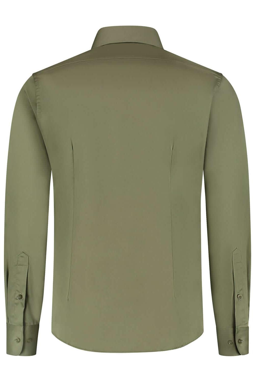 Overhemd satijn olijfgroen, katoenen shirt met satijnbinding en subtiele glans, gezien van achteren.