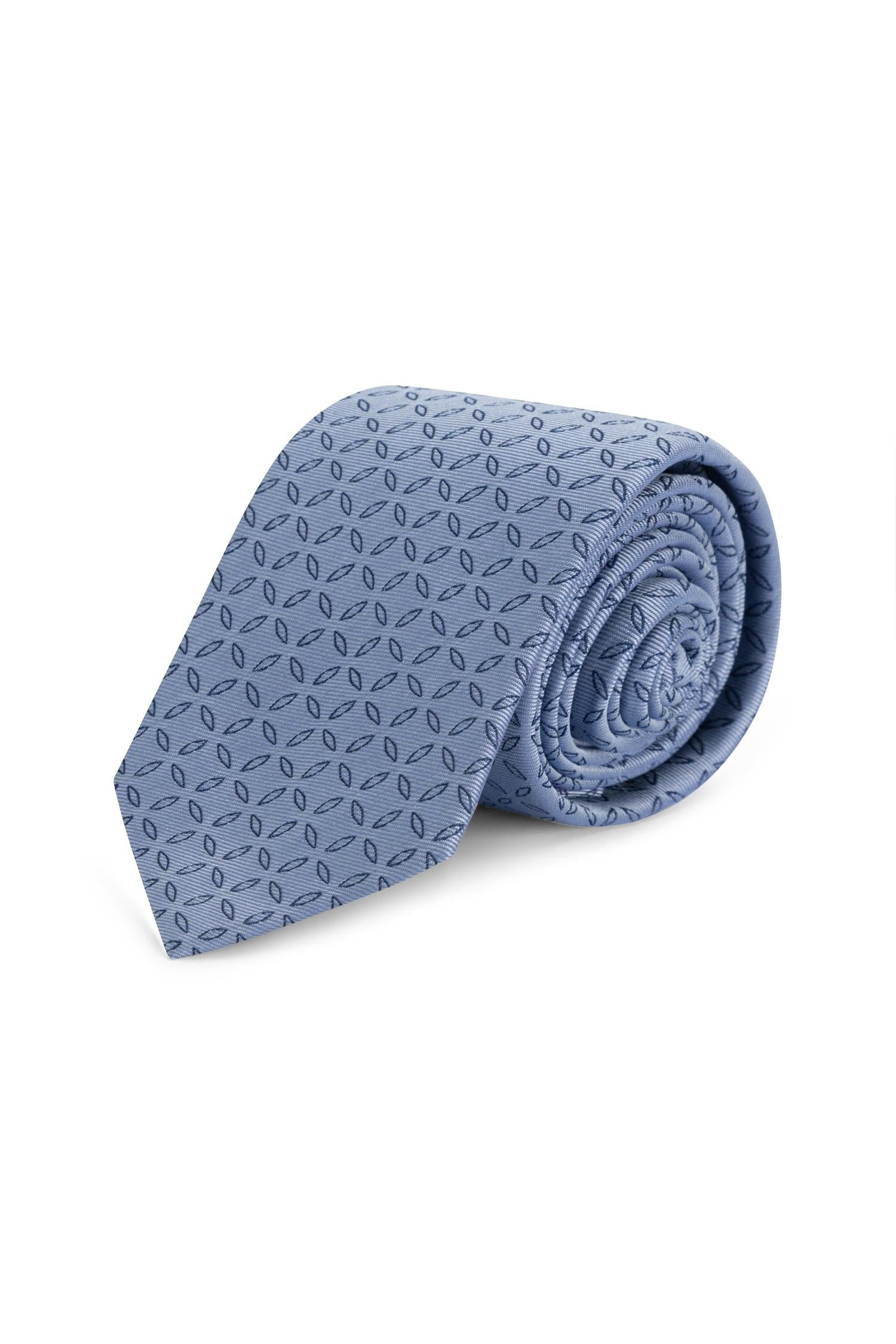 Stropdas zijde print ovaal puntig blauw, donkerblauwe ovale print en puntige tip, elegant en stijlvol.