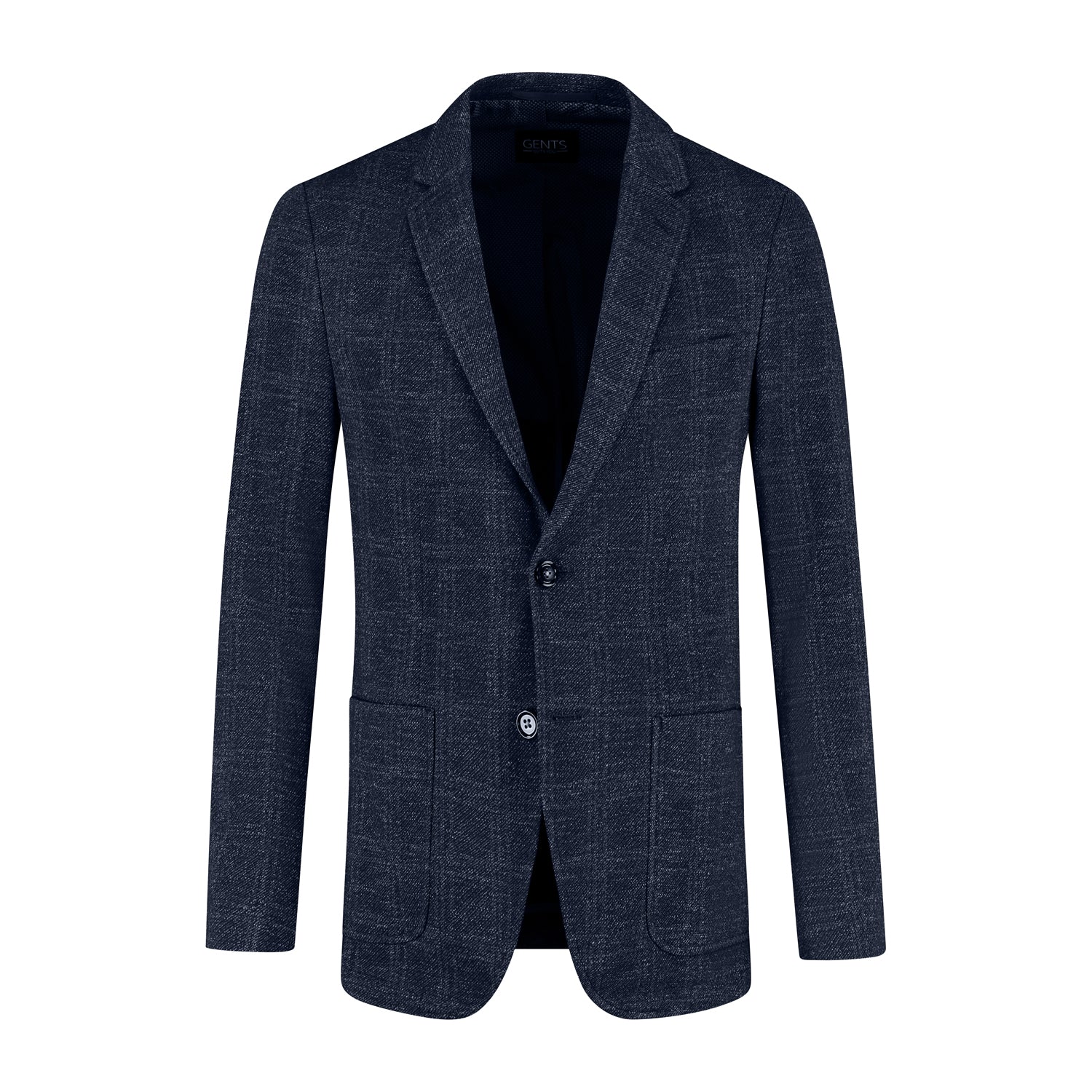 Colbert stretch ruit blauw, blauw stretchcolbert met subtiel ruitpatroon en notch revers.