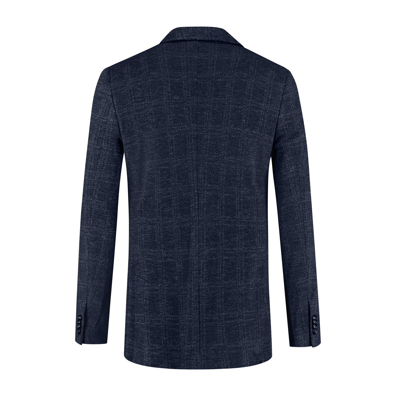 A view of the back of a Colbert stretch ruit blauw with a subtle check pattern and notch lapel.
