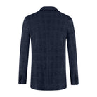 A view of the back of a Colbert stretch ruit blauw with a subtle check pattern and notch lapel.
