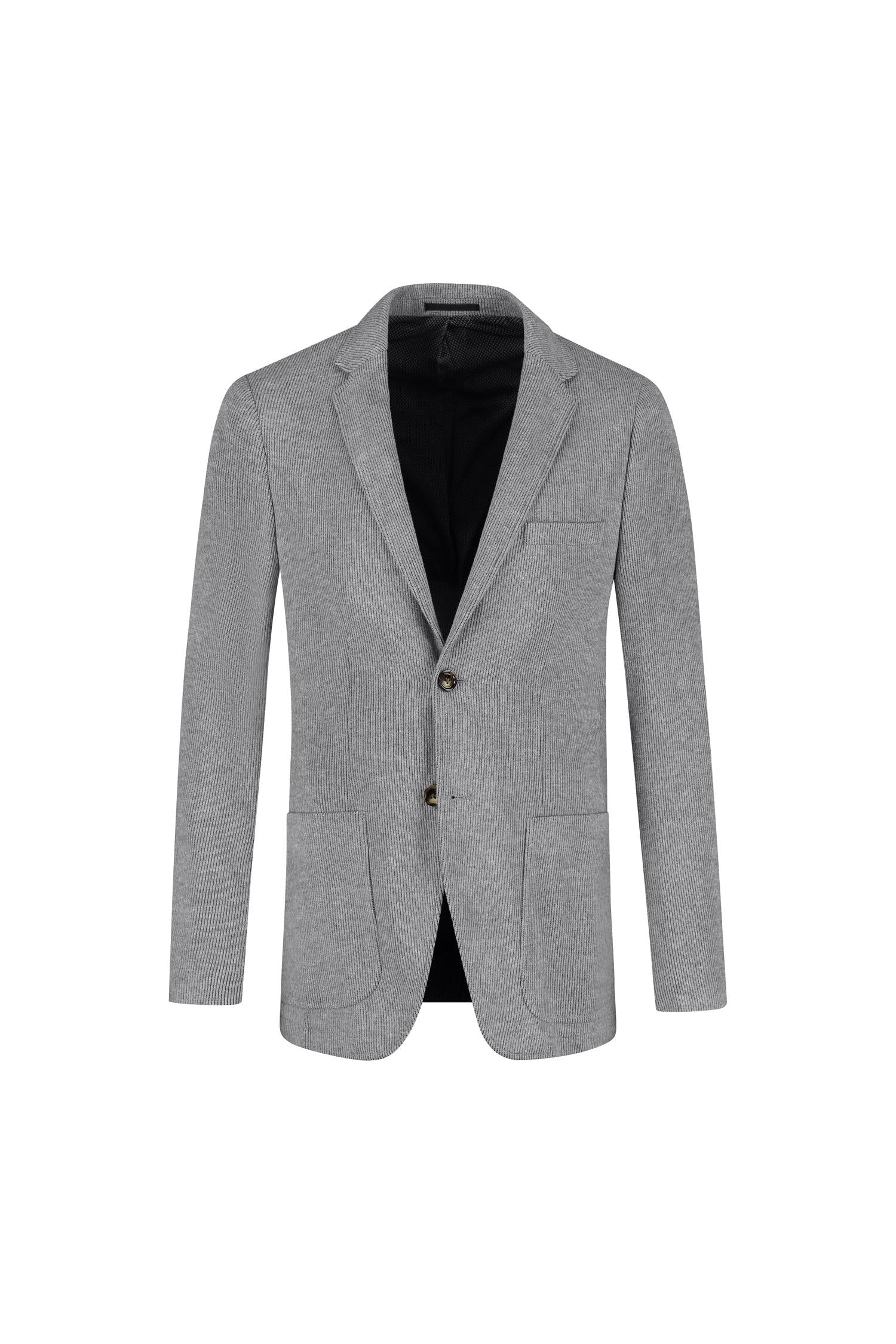 Colbert stretch cord grijs, grijze stretchkorduroy colbert met borstzak en zakken, stijlvolle herenmode.