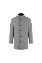 Coat stand-up collar grijs, grijze jas met opstaande kraag en visgraatpatroon.