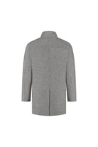 Coat stand-up collar grijs, achteransicht van grijze jas met opstaande kraag en visgraatpatroon.