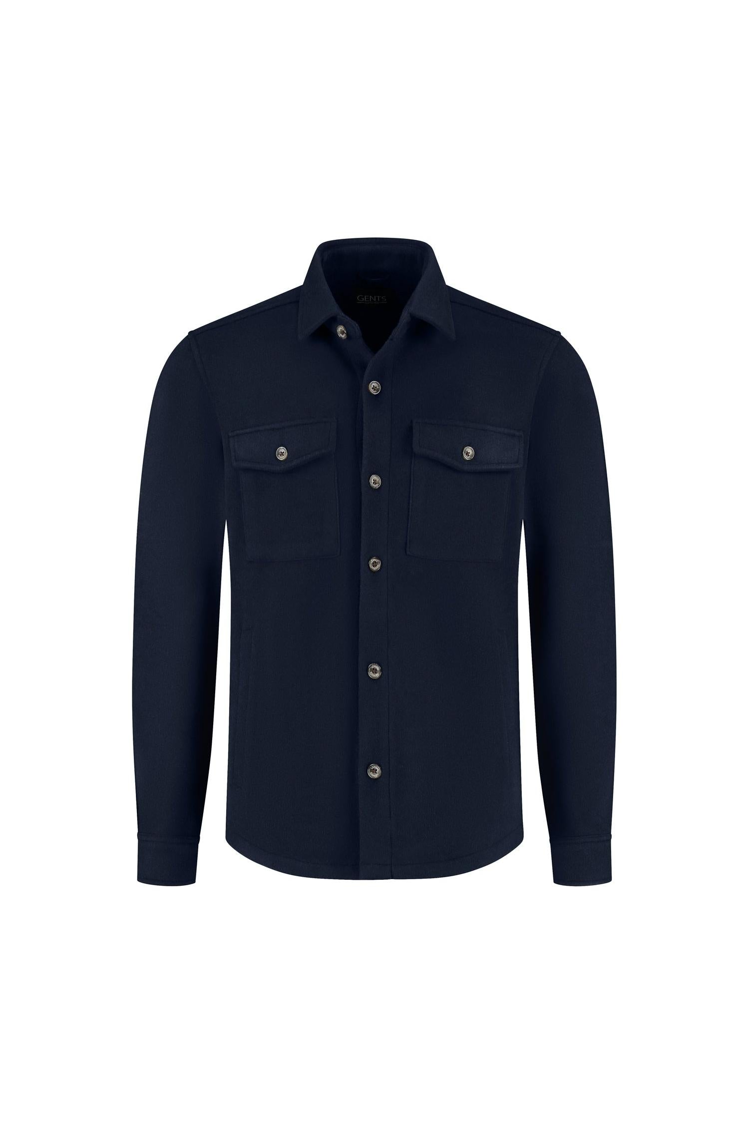 Overshirt navy with two chest pockets, flap, and button closure for men.
