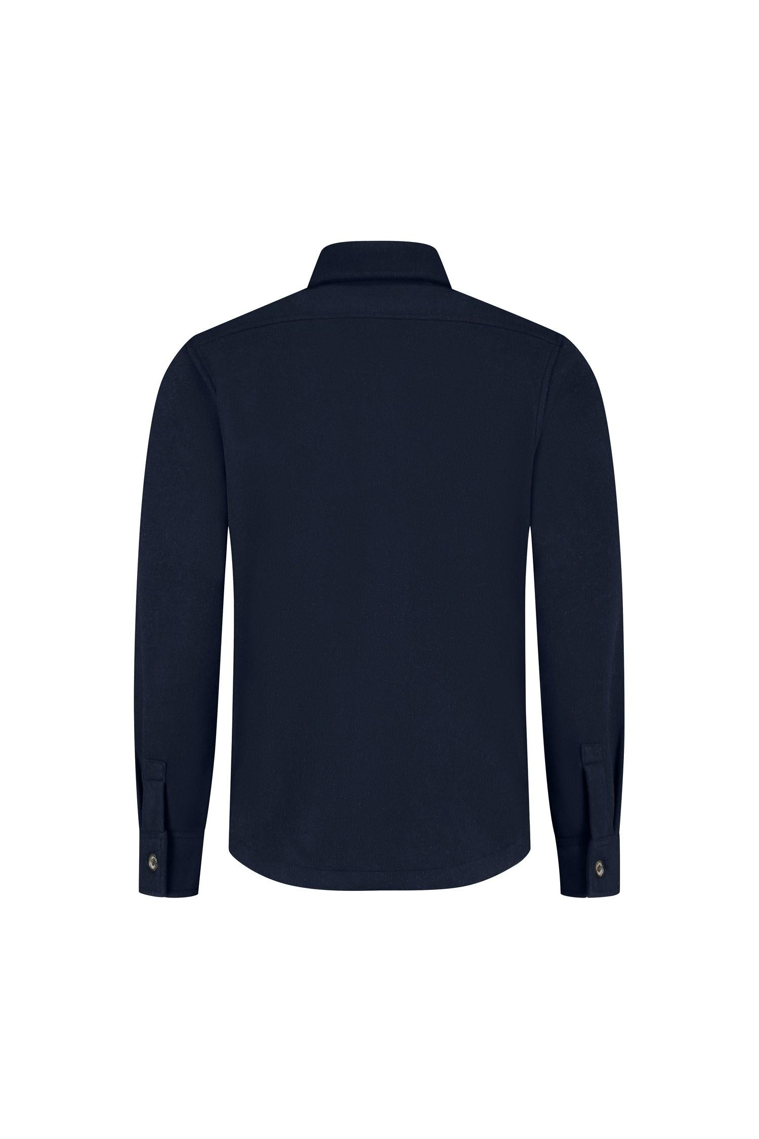Back view of Overshirt navy with long sleeves and collar, ideal for casual occasions.