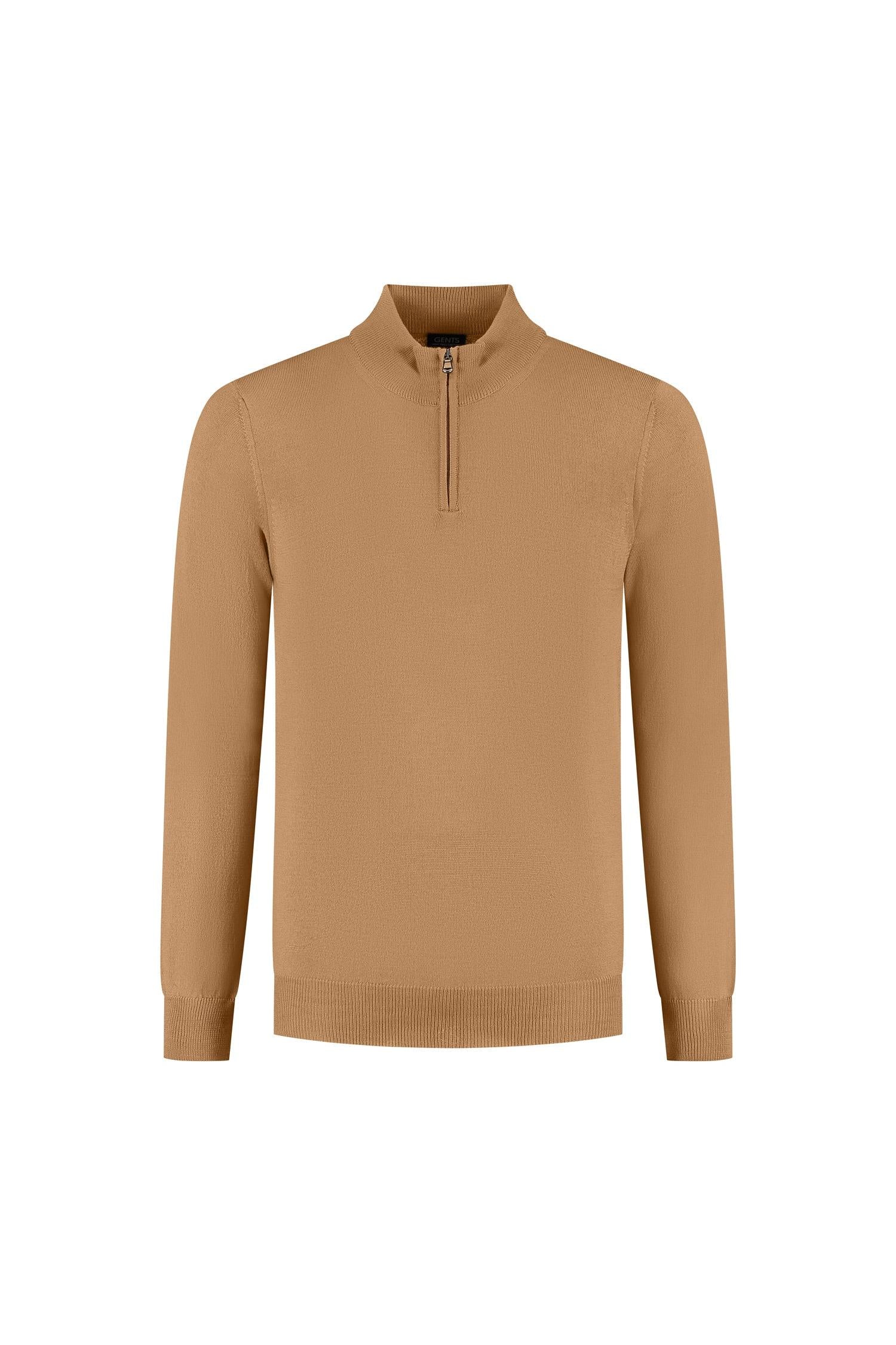 Halfzip merinoblend camel: Strakke camel halfzip met ademend comfort en structuur.