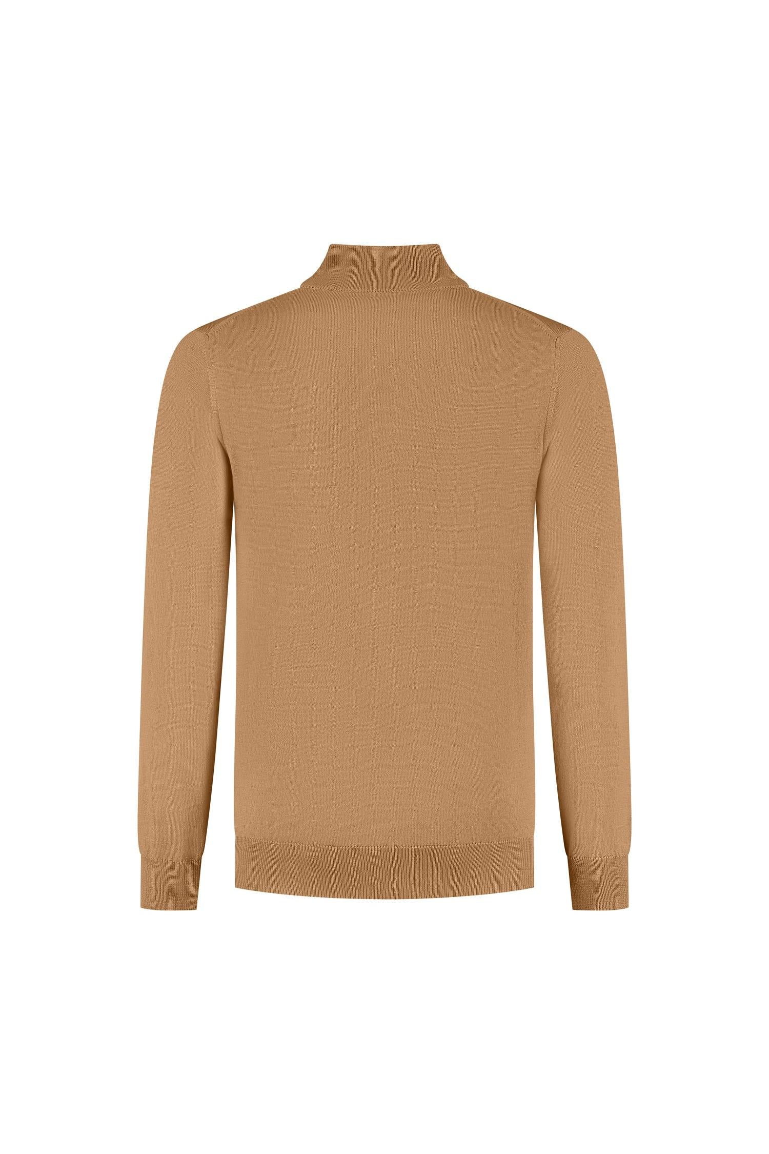 Halfzip merinoblend camel - strakke camel halfzip met ademend comfort en structuur, achterzijde weergave.