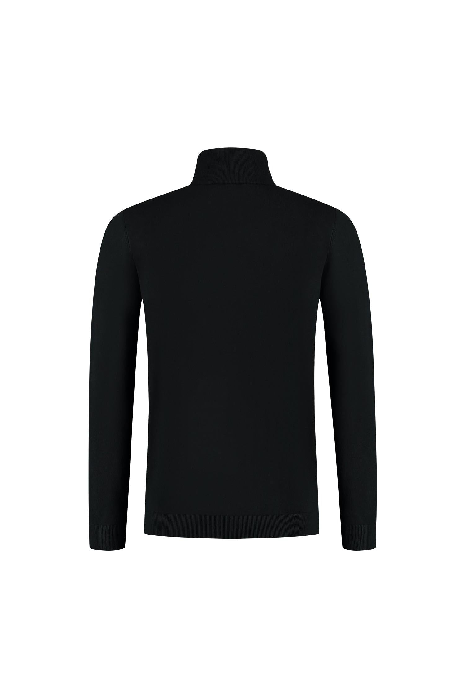 Turtle neck zwart, fijngebreide coltrui met ademend, vormvast comfort, achterkant van het kledingstuk.