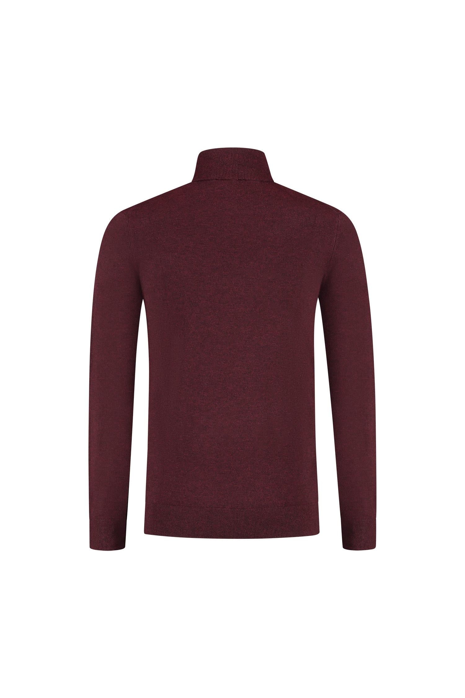 Turtle neck marron, fijngebreide coltrui met hoge kraag, professionele uitstraling, achteraanzicht.