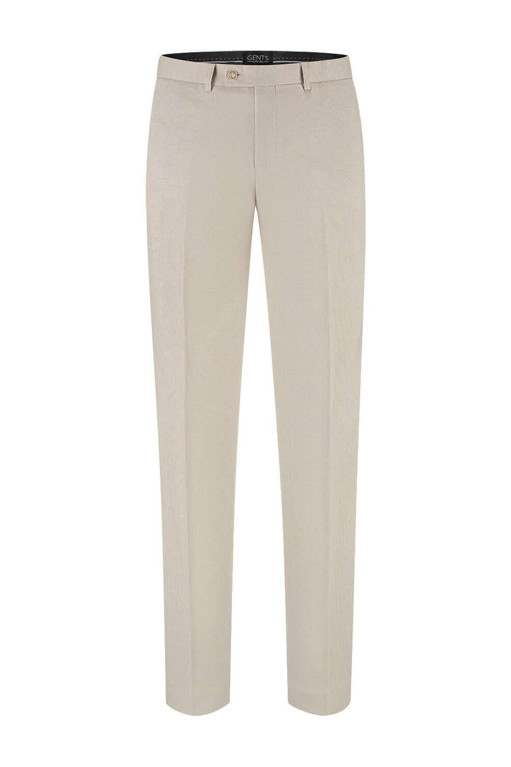 Pak 2-rij stretch dune beige, beige tweedelig stretch-pak met moderne snit en uitstraling.