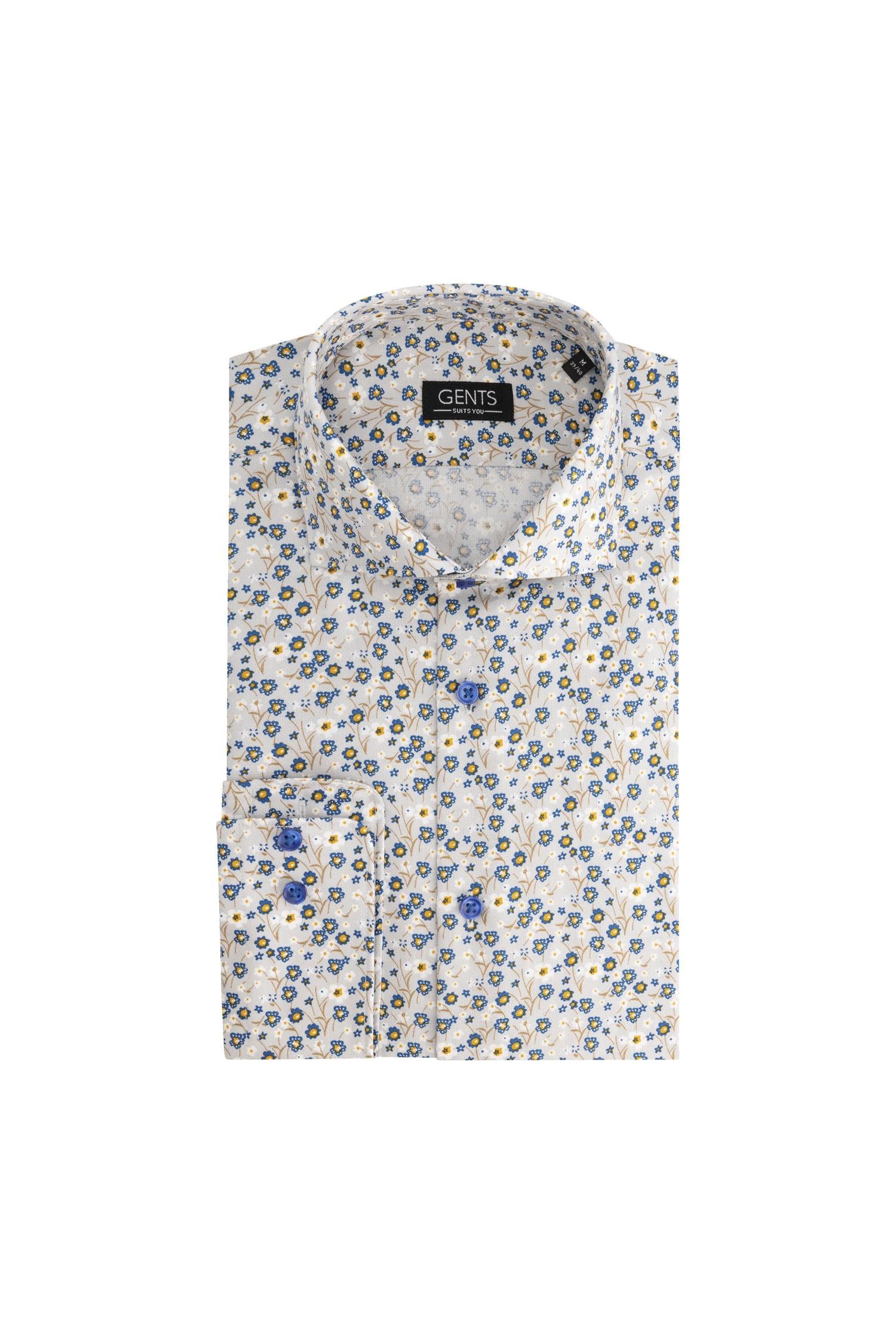 Overhemd bloemetjes print beige-blauw, katoenen met bloemprint en non-iron afwerking.