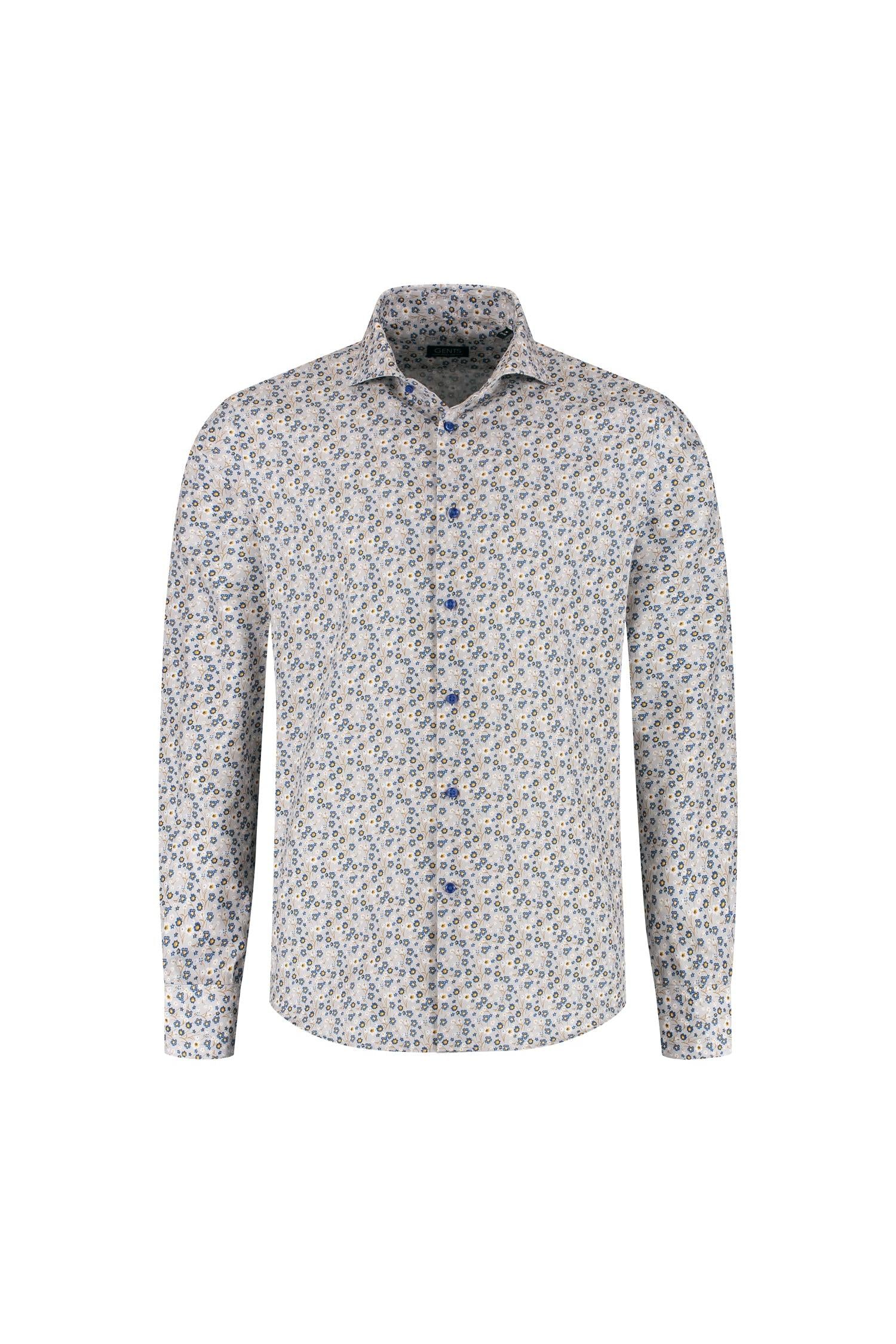 Overhemd bloemetjes print beige-blauw, katoenen shirt met bloemprint, non-iron, stijlvolle bloemenmotieven.