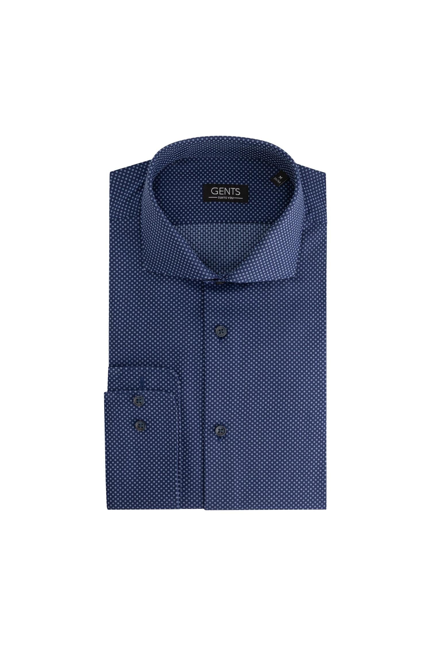 Overhemd dot navy-wit, donkerblauw katoenen overhemd met polkadot patroon, strijkvrij en antikreuk.