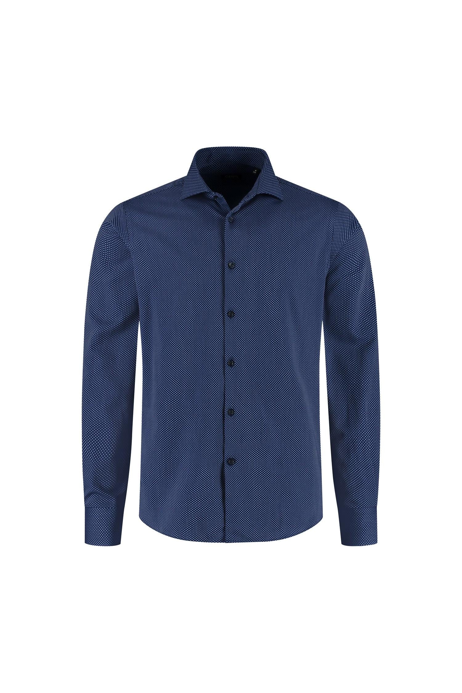 Overhemd dot navy-wit, katoenen overhemd met donkerblauw polkadot patroon, strijkvrij en antikreuk.