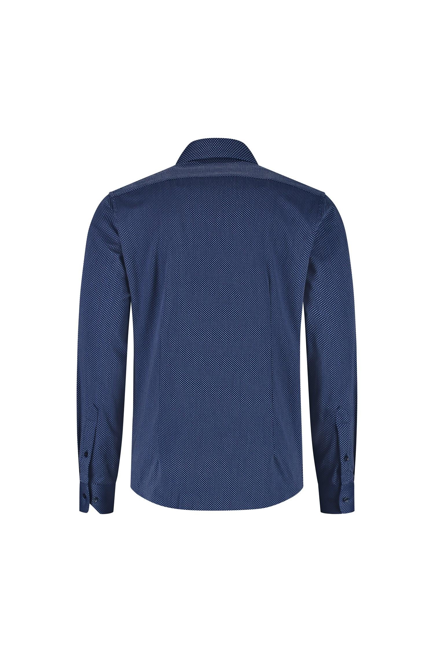 Overhemd dot navy-wit - achterzijde van een donkerblauw polkadot katoenen overhemd.