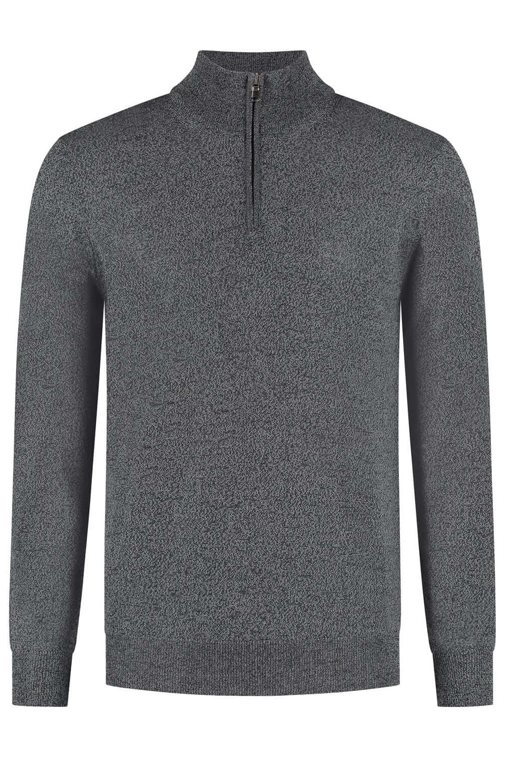 Halfzip merinoblend grijs melange met opstaande kraag en korte rits in grijze kleur.