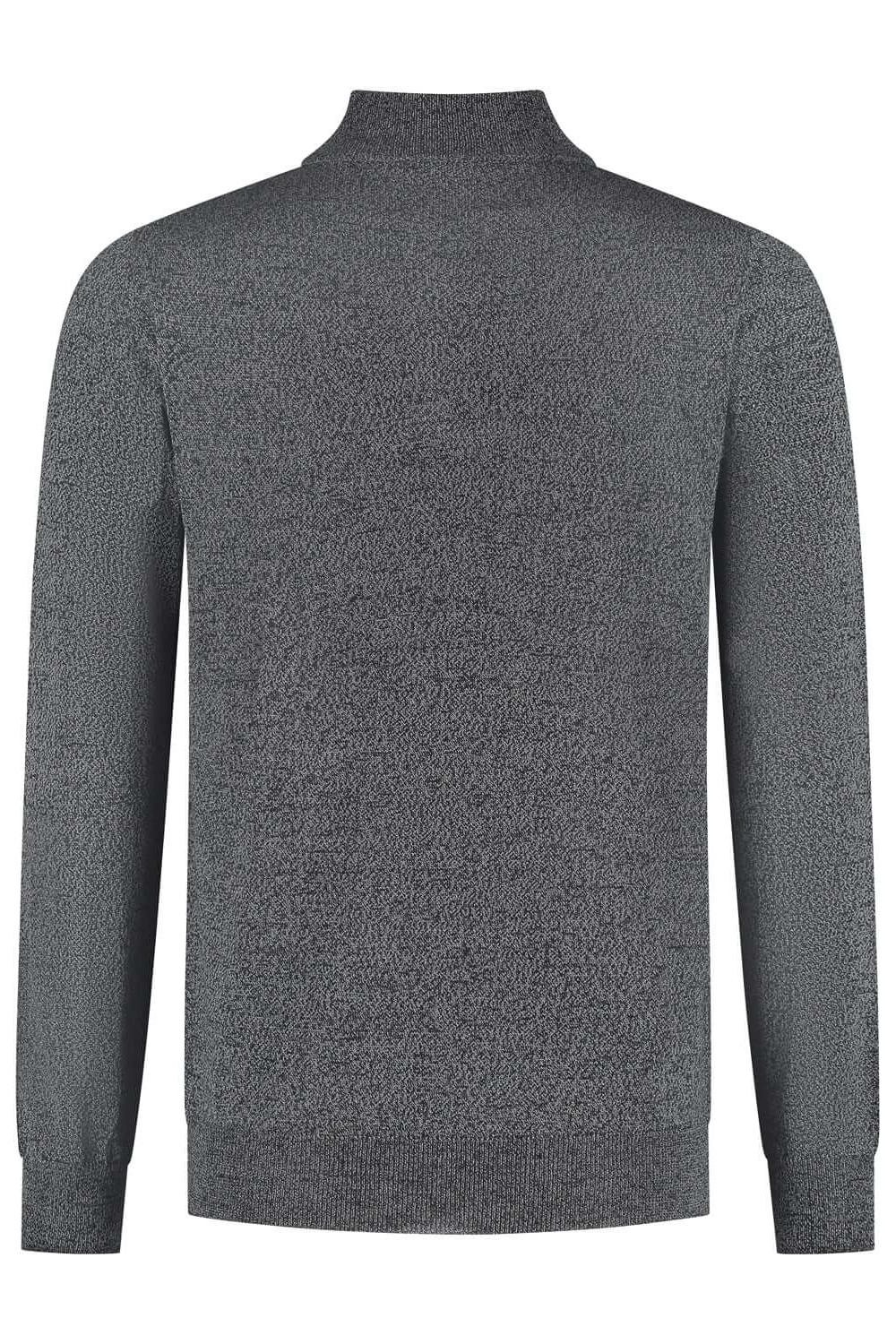 Halfzip merinoblend grijs melange, achterzijde van de grijze halfzip met opstaande kraag en korte rits.