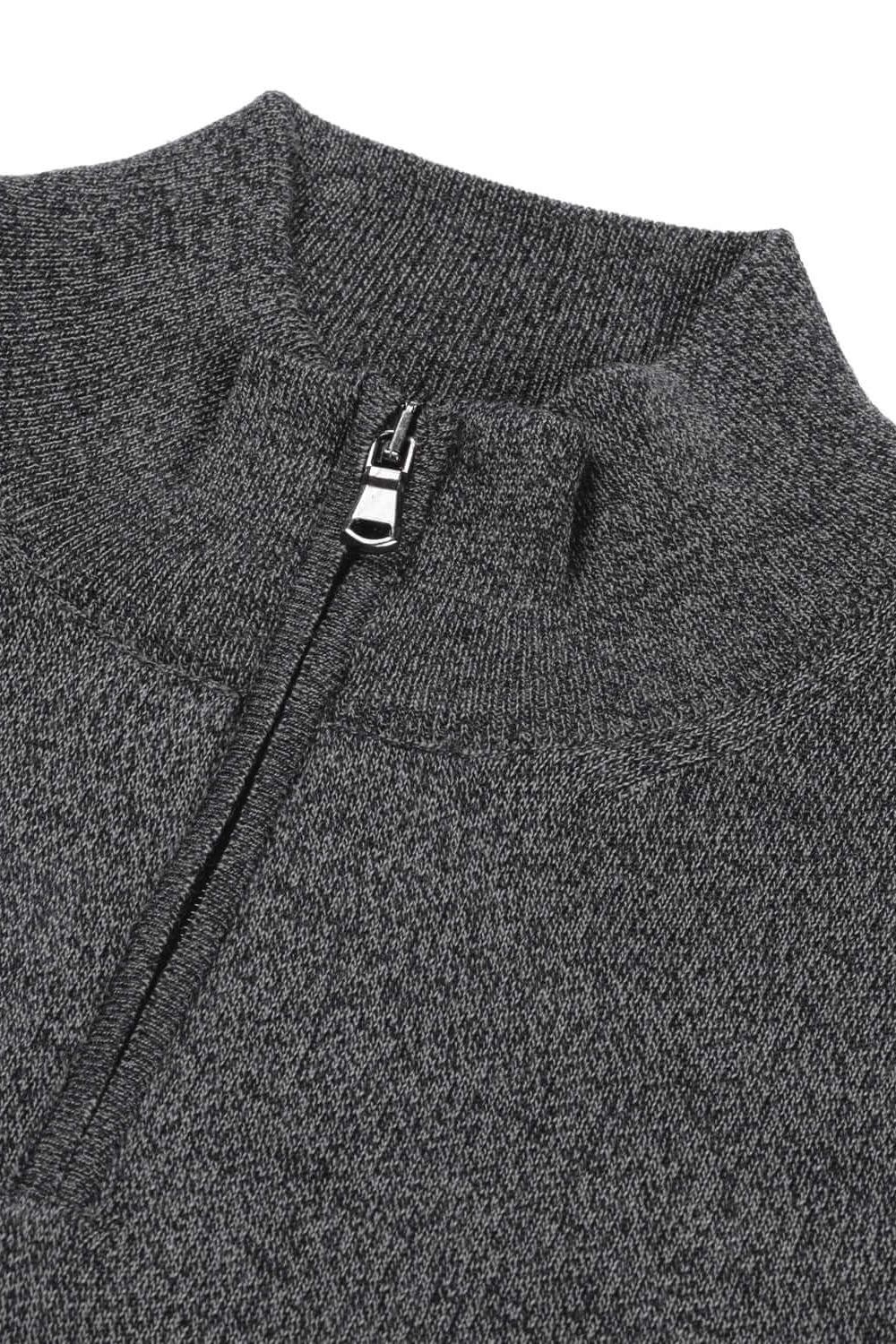 Halfzip merinoblend grijs melange met opstaande kraag en korte rits.