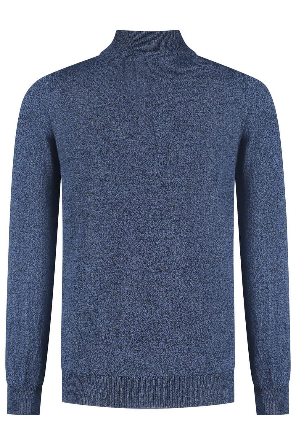 Halfzip merinoblend blauw melange, ademend en temperatuurregulerend, achterzijde van het product.