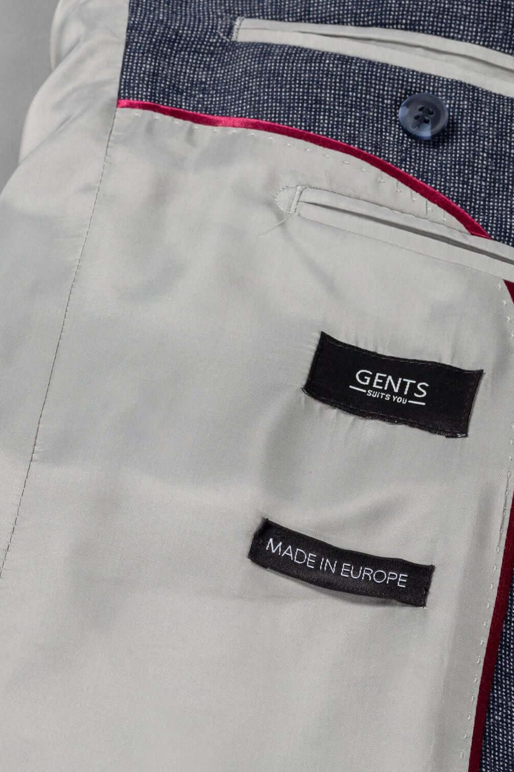 Pak 2-delig nailhead blauw binnenvoering met labels GENTS en MADE IN EUROPE.