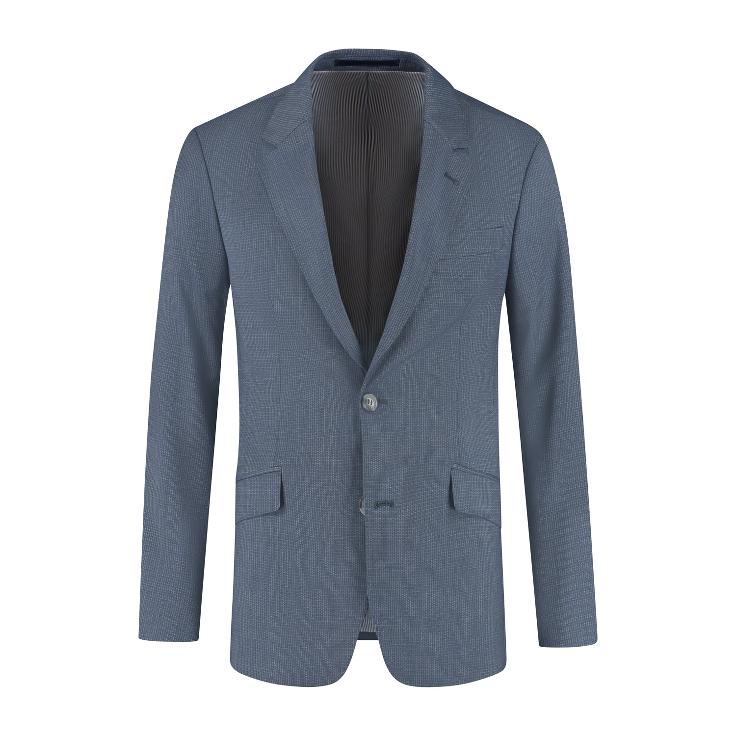 Pak 2-delig miniruit blauw-grijs tweed blazer met notch revers in blauw-grijs wolblend.