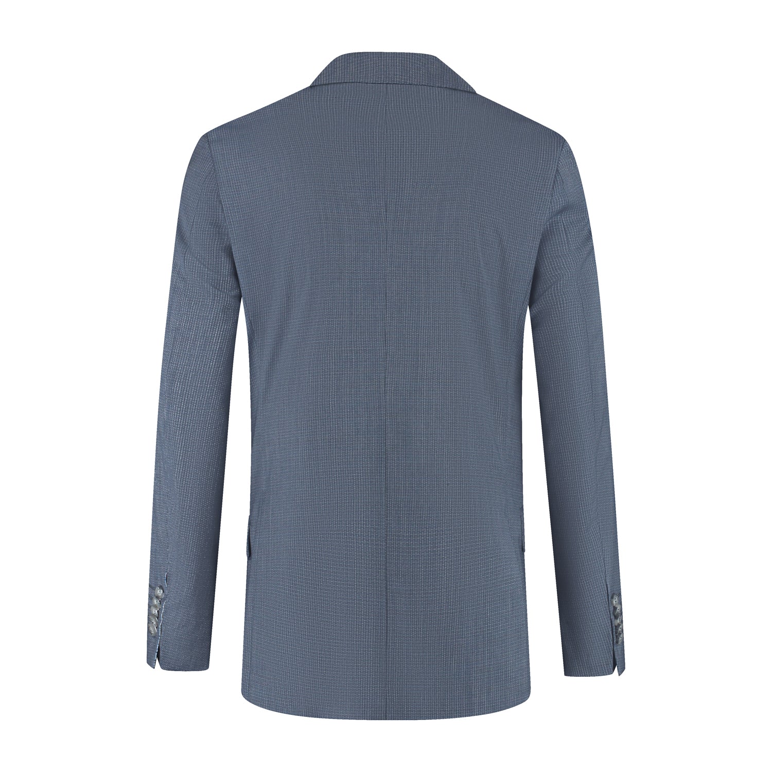 Pak 2-delig miniruit blauw-grijs achterzijde van het jasje met notch revers in wolblend tweed.