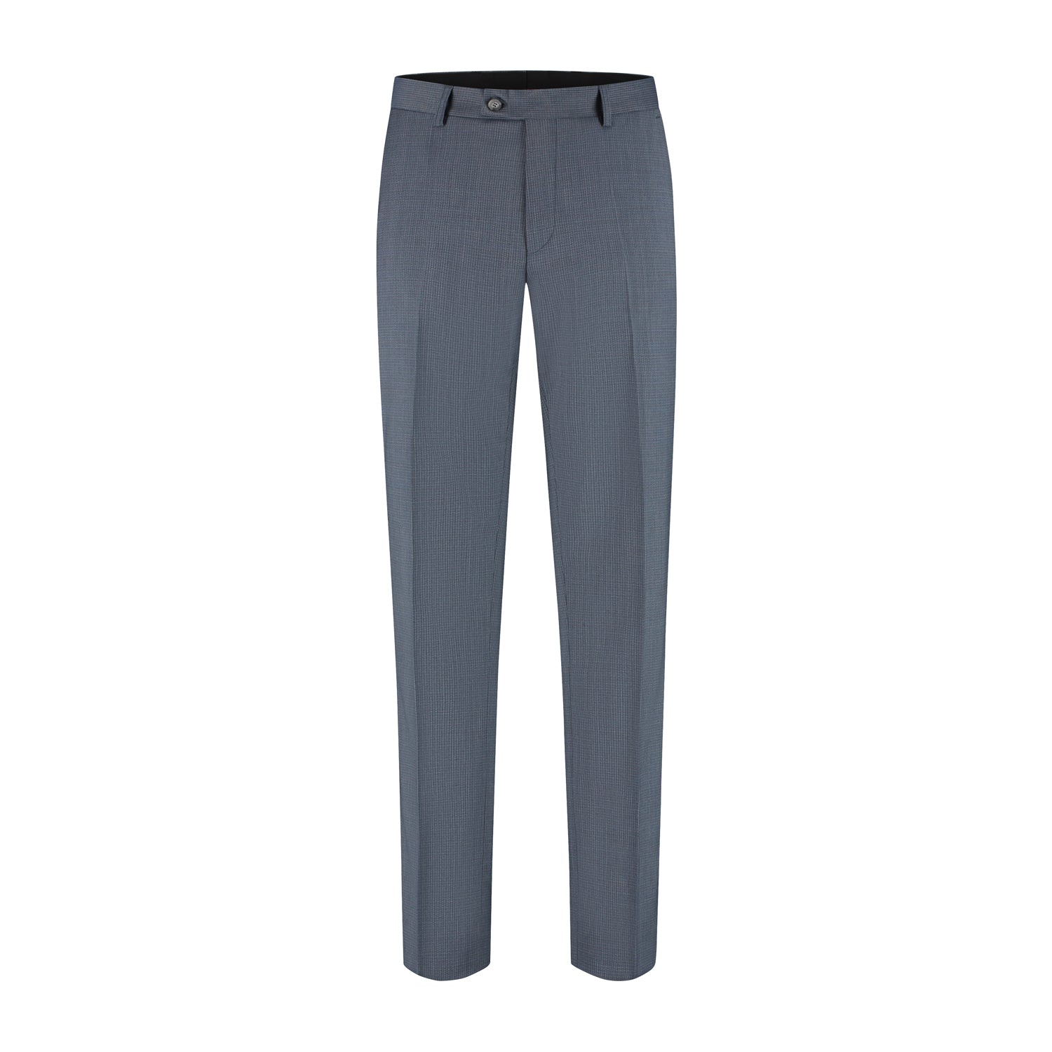 Pak 2-delig miniruit blauw-grijs pantalon in wolblend tweed met miniruit patroon.