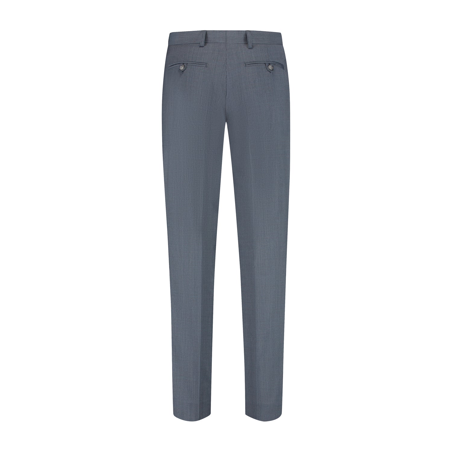 Pak 2-delig miniruit blauw-grijs herenbroek met twee achterzakken en strakke pasvorm.